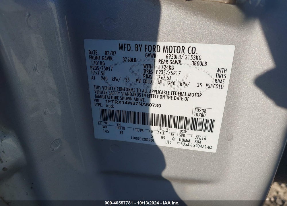 2007 FORD F-150 FX4/STX/XL/XLT VIN: 1FTRX14W67NA60739