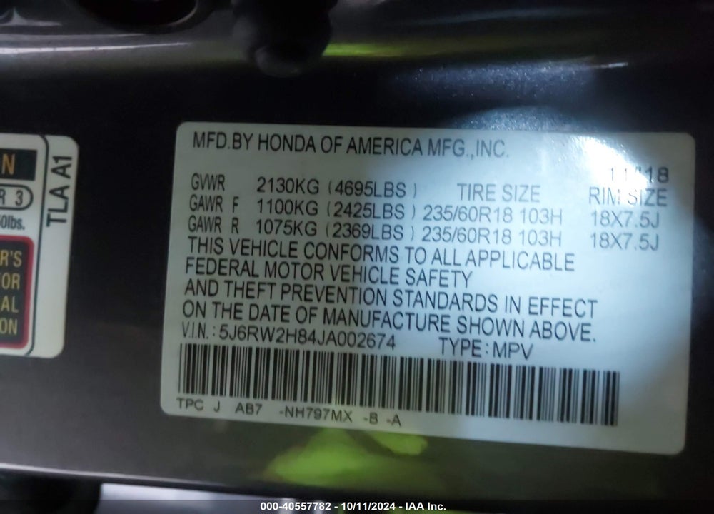 2018 HONDA CR-V EX-L/EX-L NAVI VIN: 5J6RW2H84JA002674