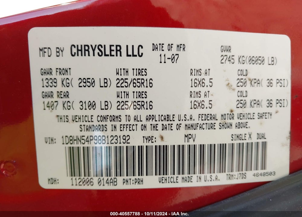 2008 DODGE GRAND CARAVAN VIN: 1D8HN54P98B123192