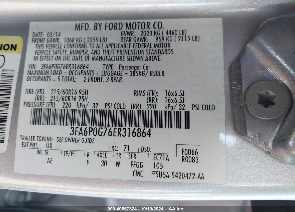 2014 FORD FUSION S VIN: 3FA6P0G76ER316864