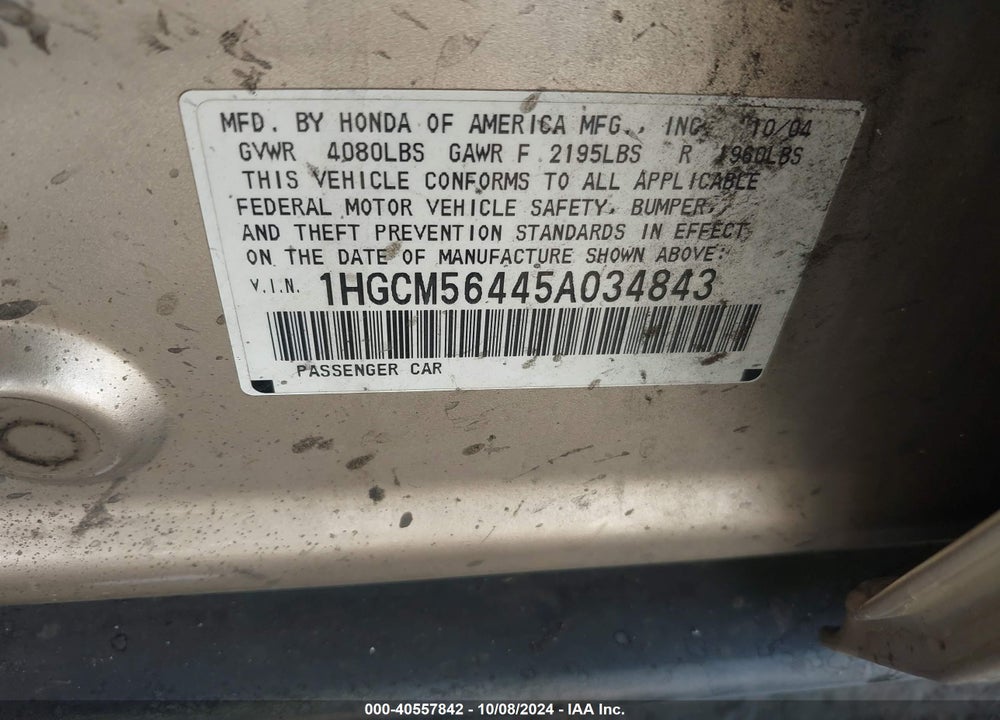 2005 HONDA ACCORD 2.4 LX VIN: 1HGCM56445A034843