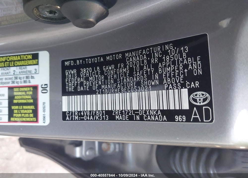 2014 TOYOTA COROLLA LE VIN: 2T1BURHE9EC053021