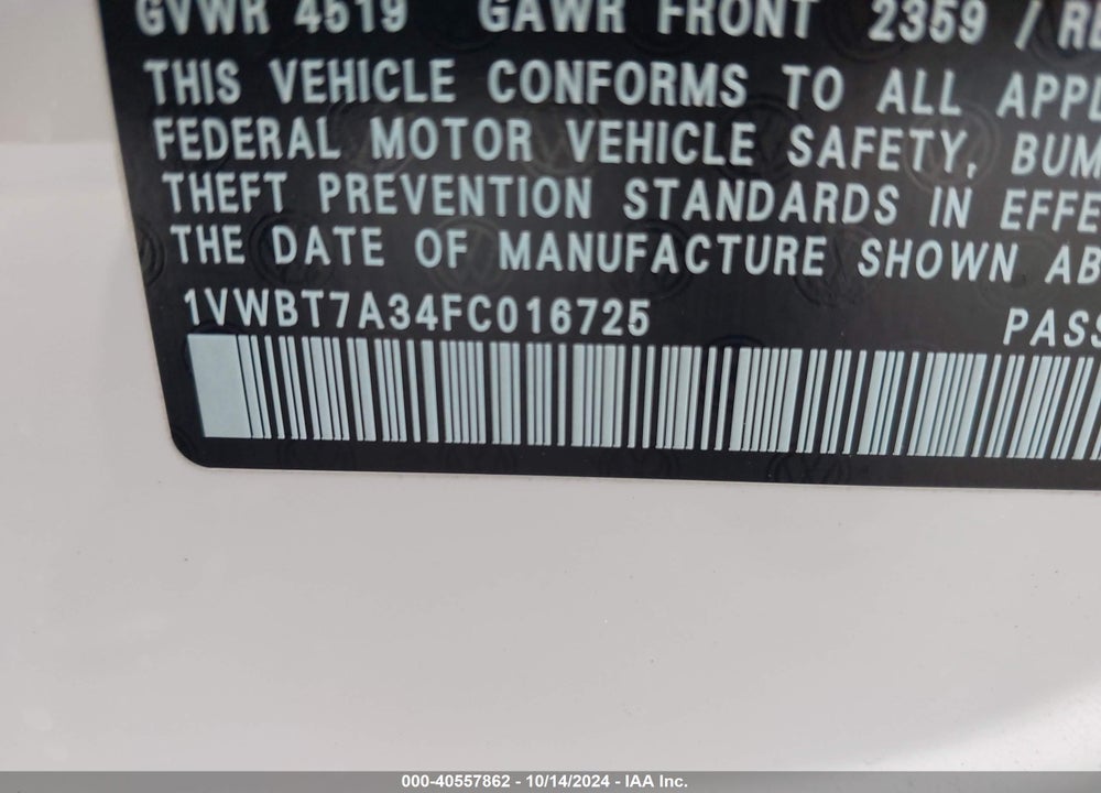 2015 VOLKSWAGEN PASSAT 1.8T SE VIN: 1VWBT7A34FC016725