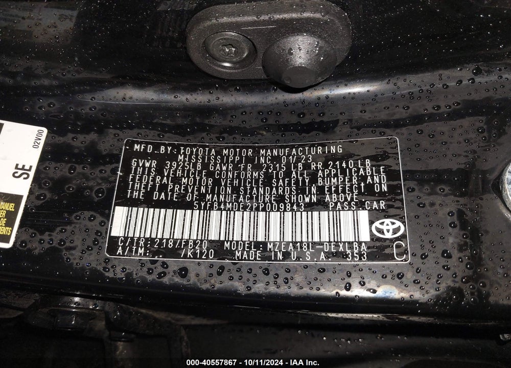 2023 TOYOTA COROLLA LE VIN: 5YFB4MDE2PP009843