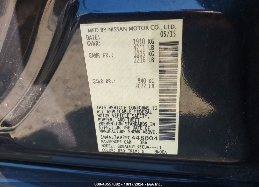 2015 NISSAN ALTIMA 2.5 S VIN: 1N4AL3AP2FC448004