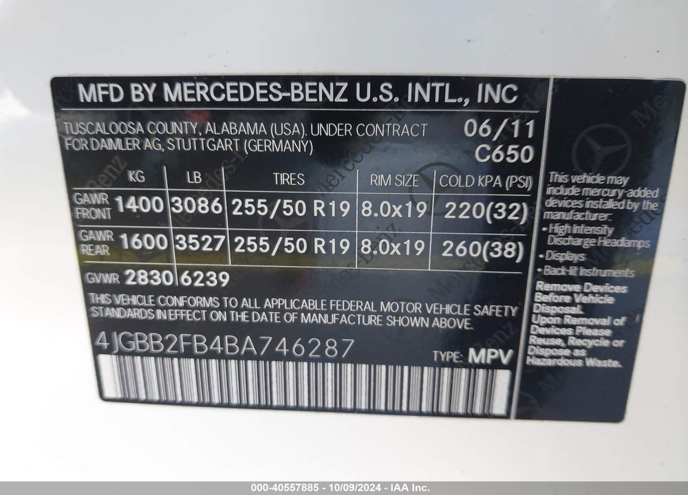 2011 MERCEDES-BENZ ML 350 BLUETEC 4MATIC VIN: 4JGBB2FB4BA746287