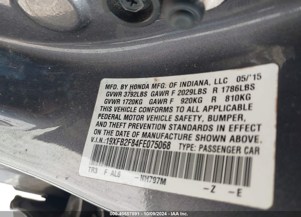 2015 HONDA CIVIC EX VIN: 19XFB2F84FE075068
