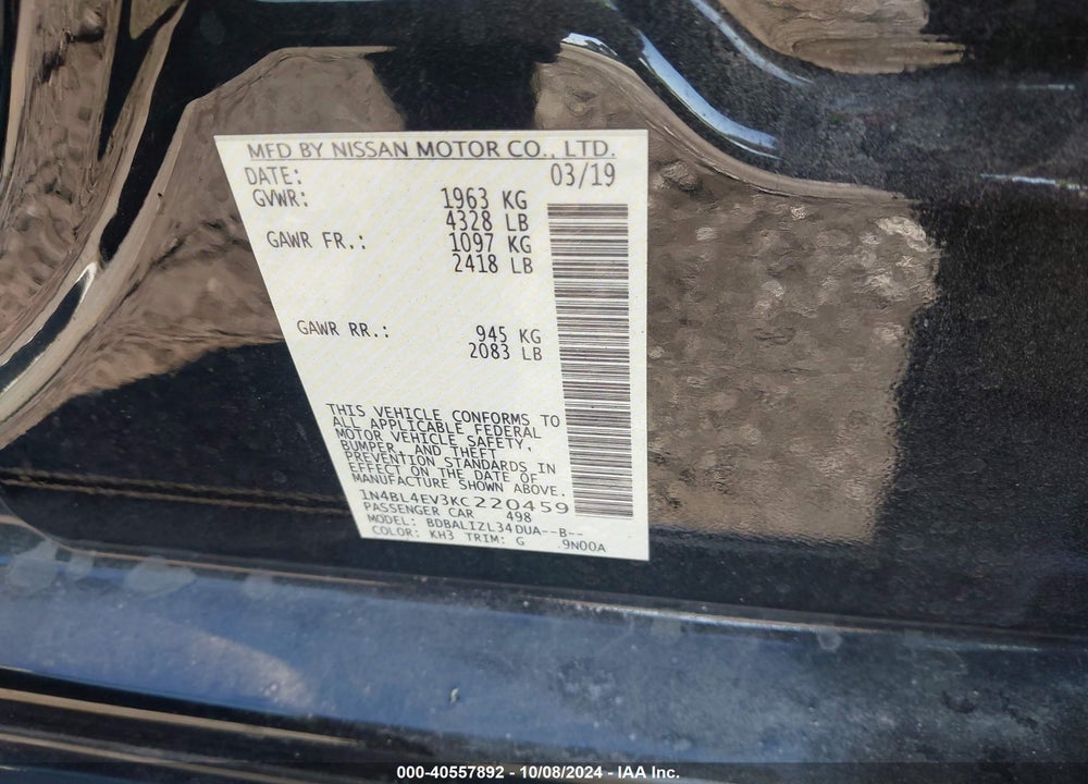 2019 NISSAN ALTIMA 2.5 SL VIN: 1N4BL4EV3KC220459
