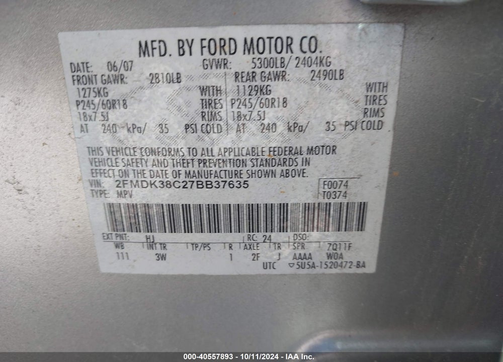 2007 FORD EDGE SEL VIN: 2FMDK38C27BB37635