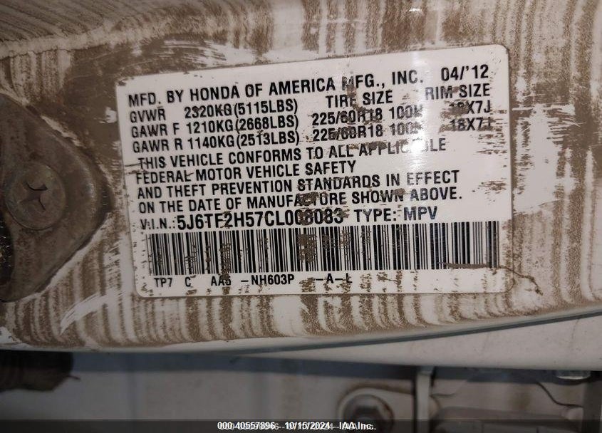 2012 HONDA CROSSTOUR EX-L VIN: 5J6TF2H57CL008083