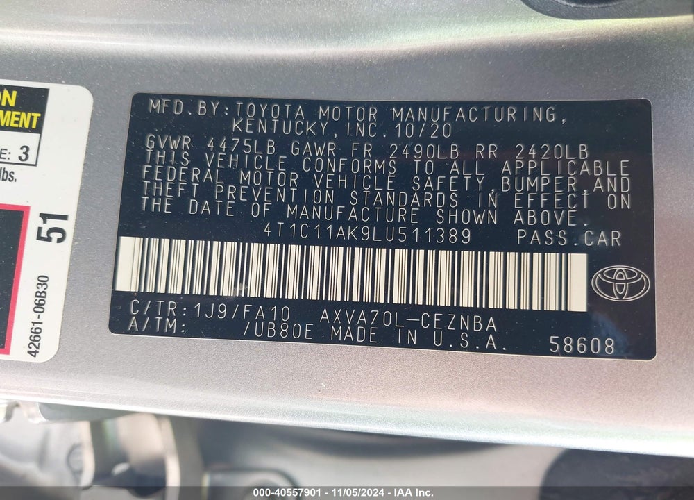 2020 TOYOTA CAMRY LE VIN: 4T1C11AK9LU511389