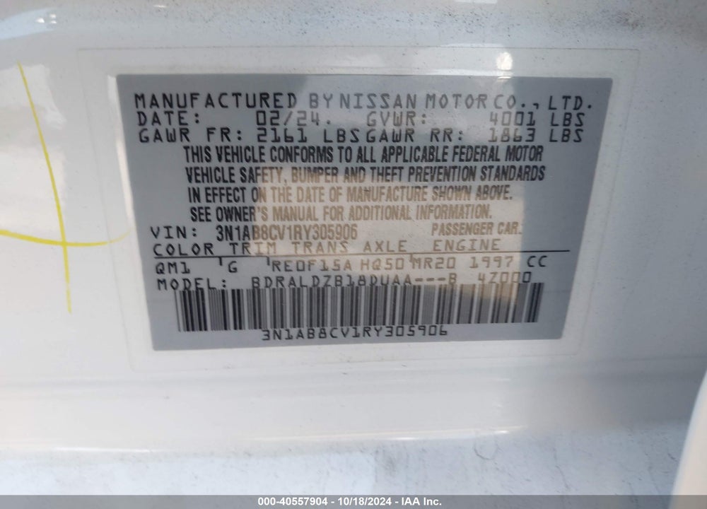2024 NISSAN SENTRA SV XTRONIC CVT VIN: 3N1AB8CV1RY305906