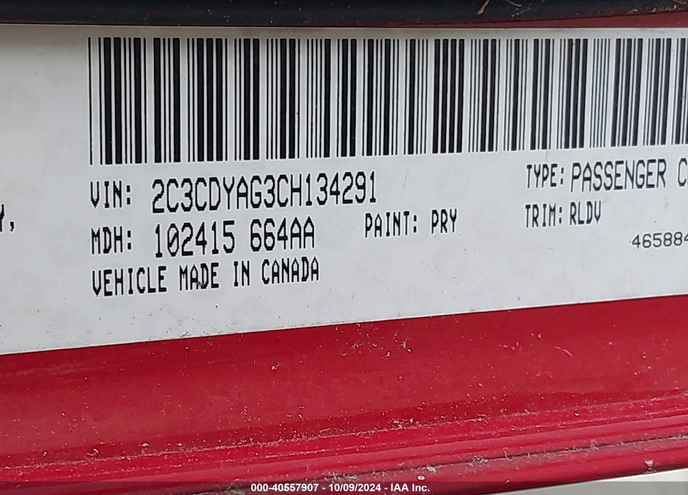 2012 DODGE CHALLENGER SXT VIN: 2C3CDYAG3CH134291
