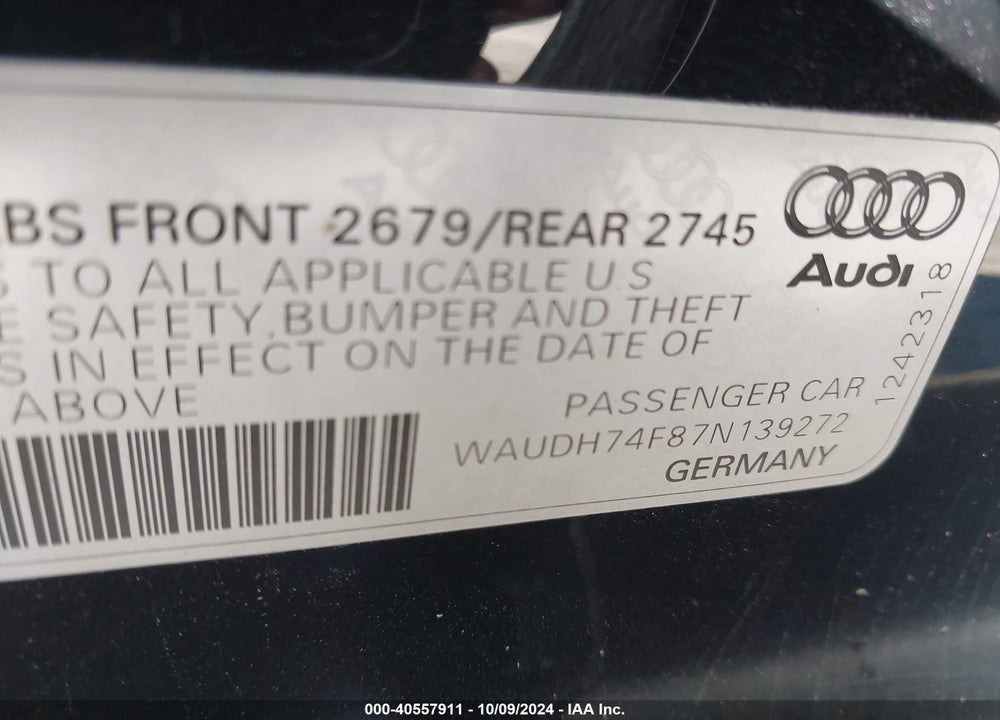 2007 AUDI A6 3.2 VIN: WAUDH74F87N139272
