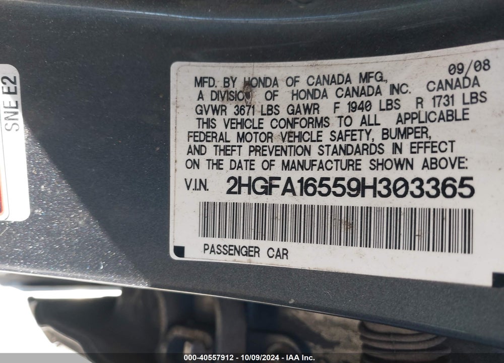 2009 HONDA CIVIC LX VIN: 2HGFA16559H303365