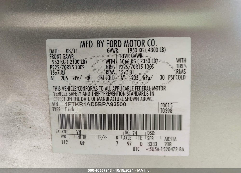 2011 FORD RANGER XL VIN: 1FTKR1AD5BPA92500