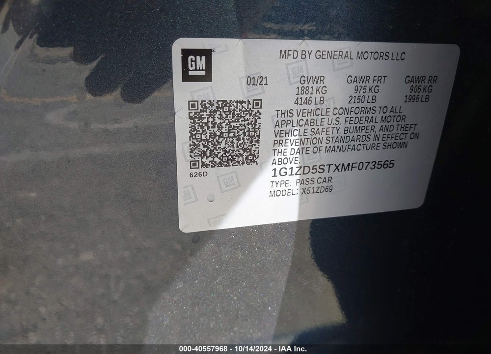 2021 CHEVROLET MALIBU LT VIN: 1G1ZD5STXMF073565