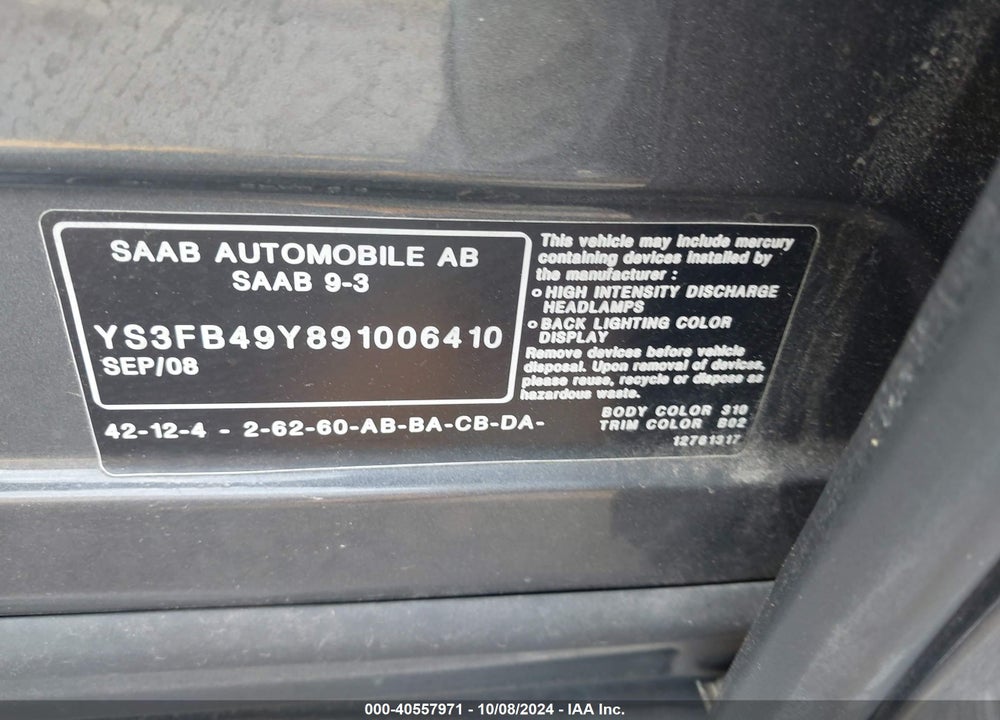 2009 SAAB 9-3 2.0T VIN: YS3FB49Y891006410