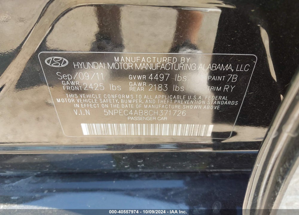 2012 HYUNDAI SONATA SE 2.0T VIN: 5NPEC4AB8CH371726