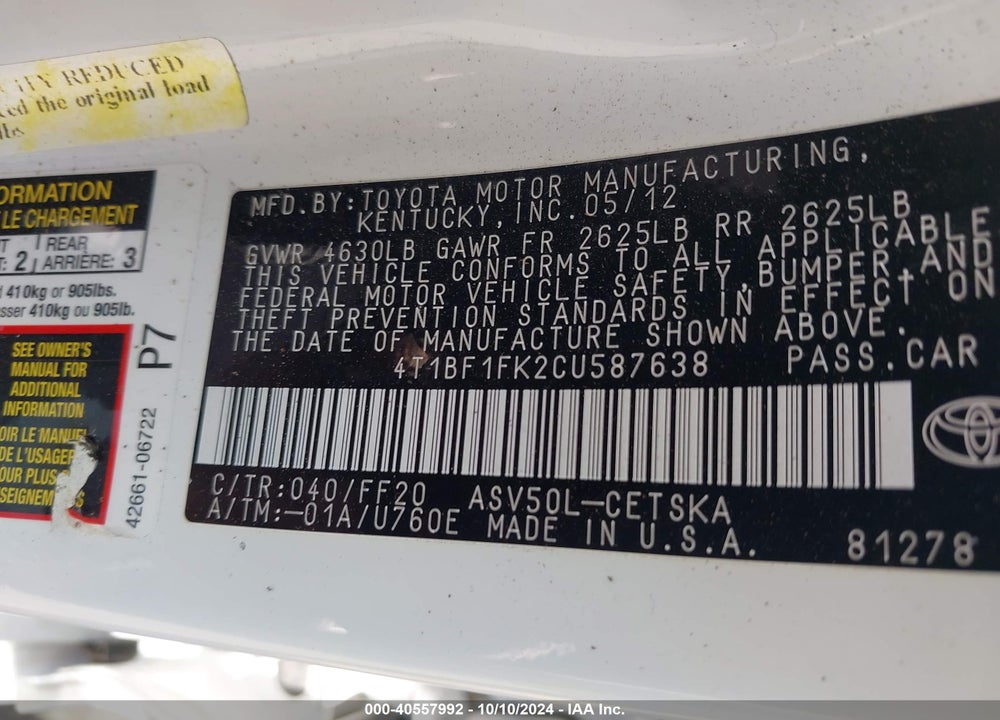 2012 TOYOTA CAMRY SE VIN: 4T1BF1FK2CU587638