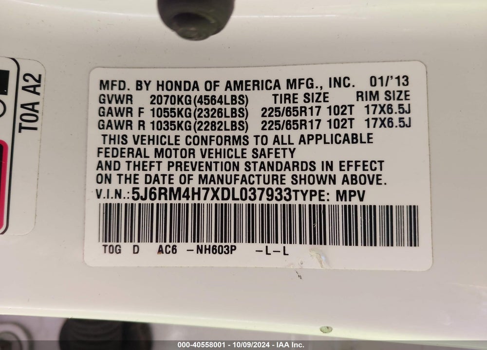 2013 HONDA CR-V EX-L VIN: 5J6RM4H7XDL037933