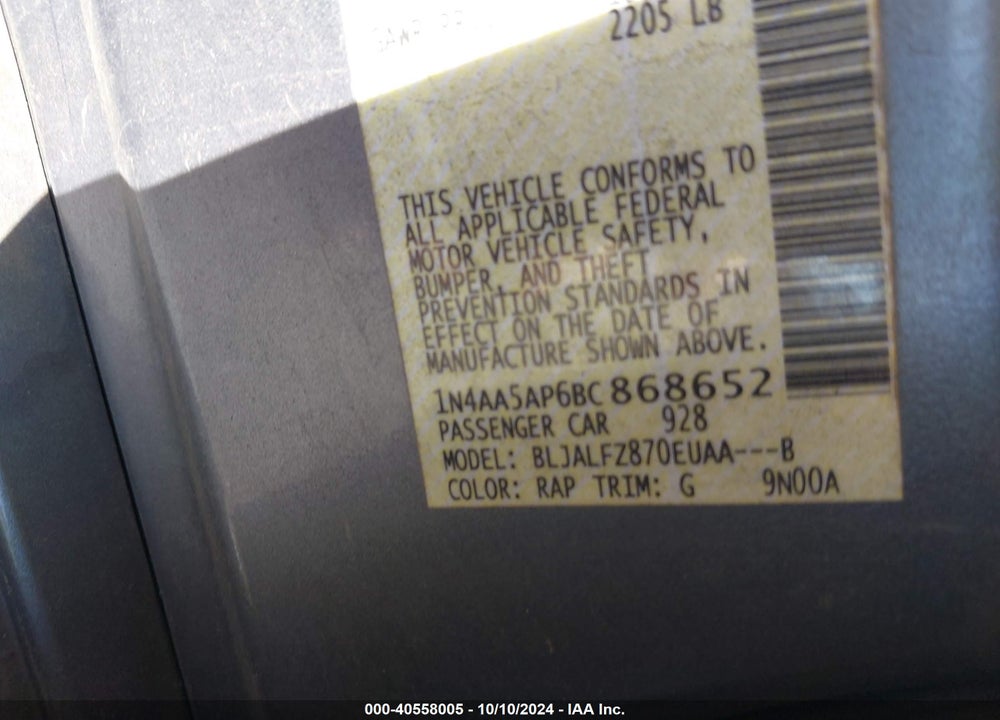 2011 NISSAN MAXIMA 3.5 SV VIN: 1N4AA5AP6BC868652