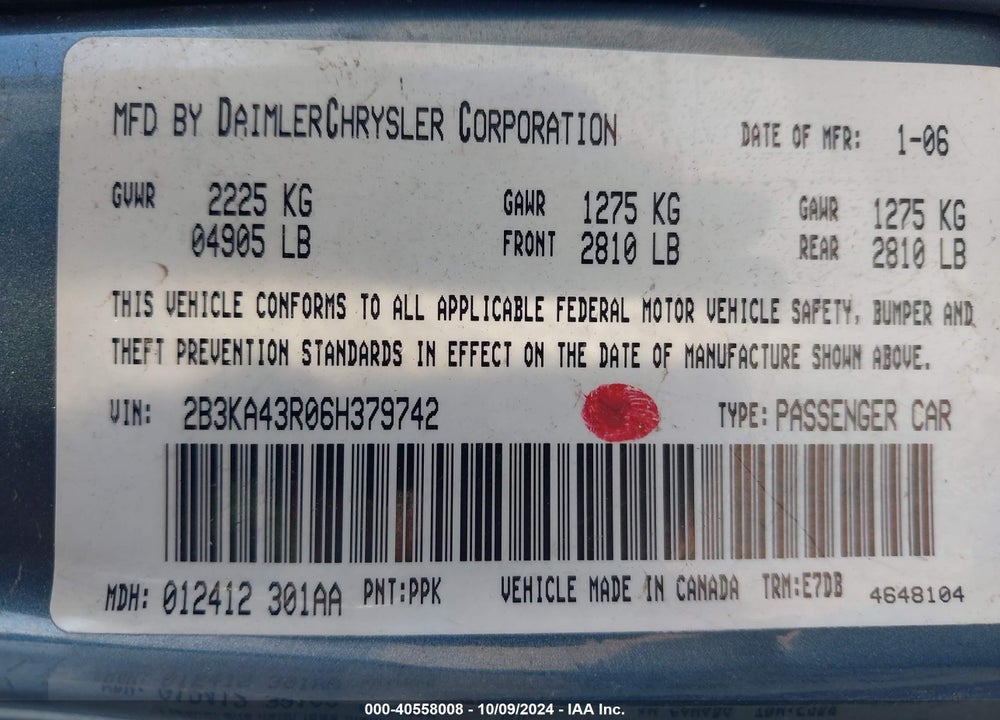 2006 DODGE CHARGER VIN: 2B3KA43R06H379742
