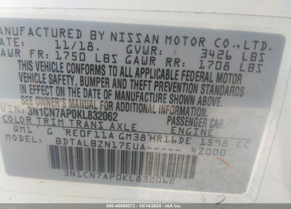 2019 NISSAN VERSA VIN: 3N1CN7AP0KL832062