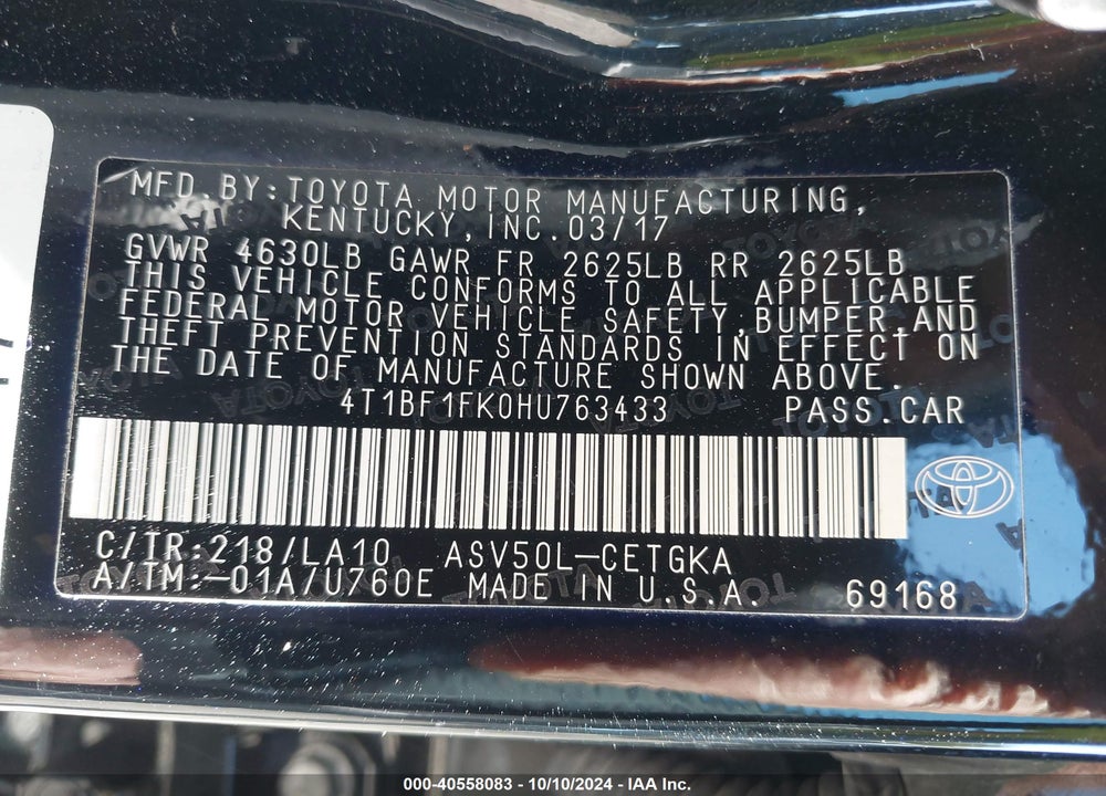 2017 TOYOTA CAMRY XLE VIN: 4T1BF1FK0HU763433
