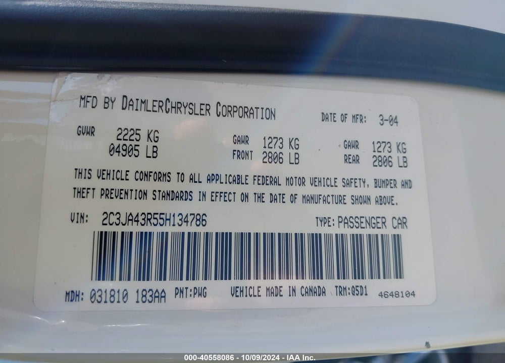 2005 CHRYSLER 300 VIN: 2C3JA43R55H134786