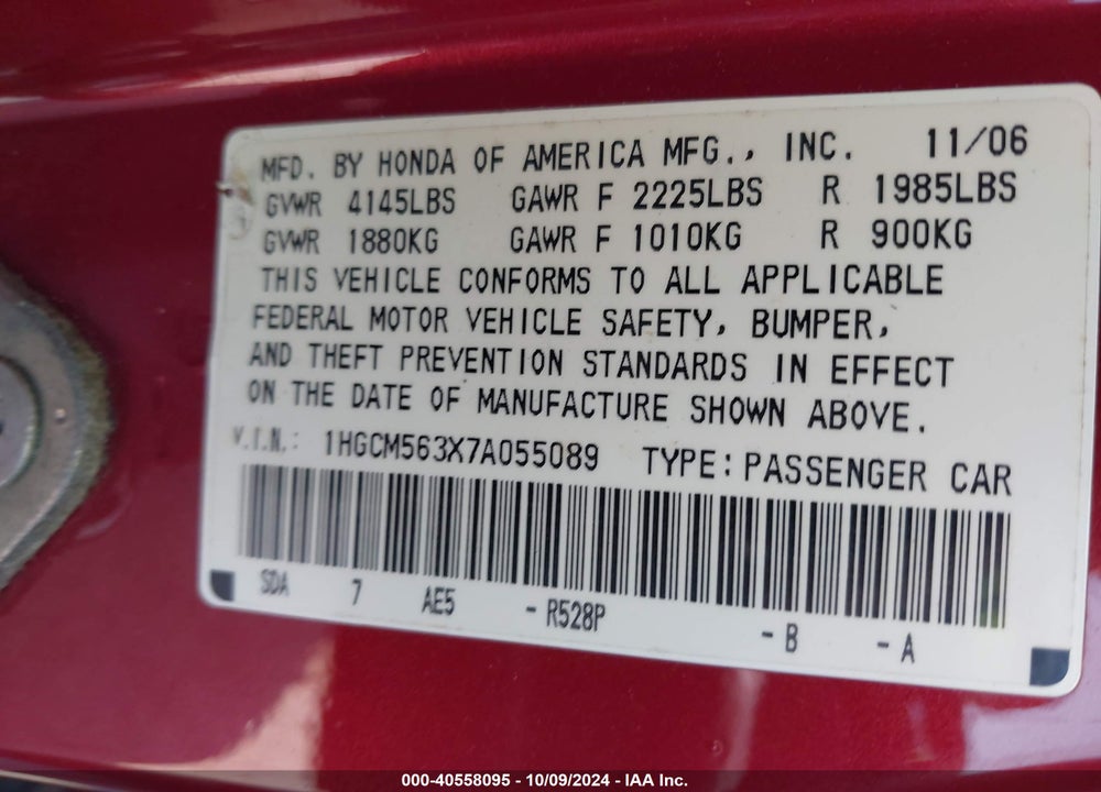 2007 HONDA ACCORD 2.4 SE VIN: 1HGCM563X7A055089