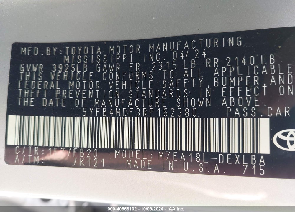 2024 TOYOTA COROLLA LE VIN: 5YFB4MDE3RP162380