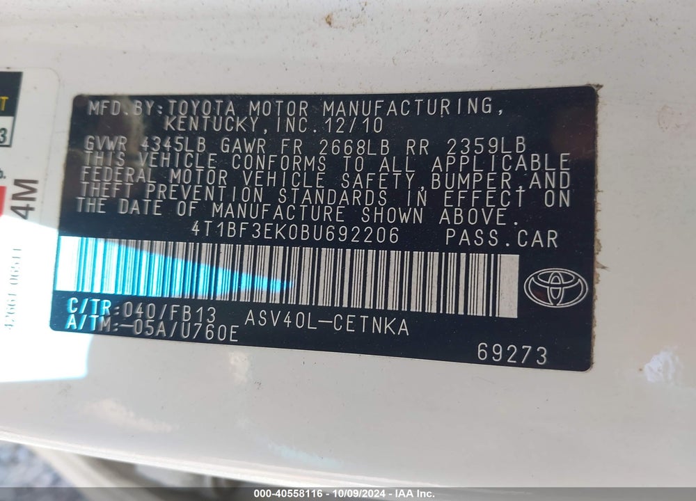 2011 TOYOTA CAMRY LE VIN: 4T1BF3EK0BU692206