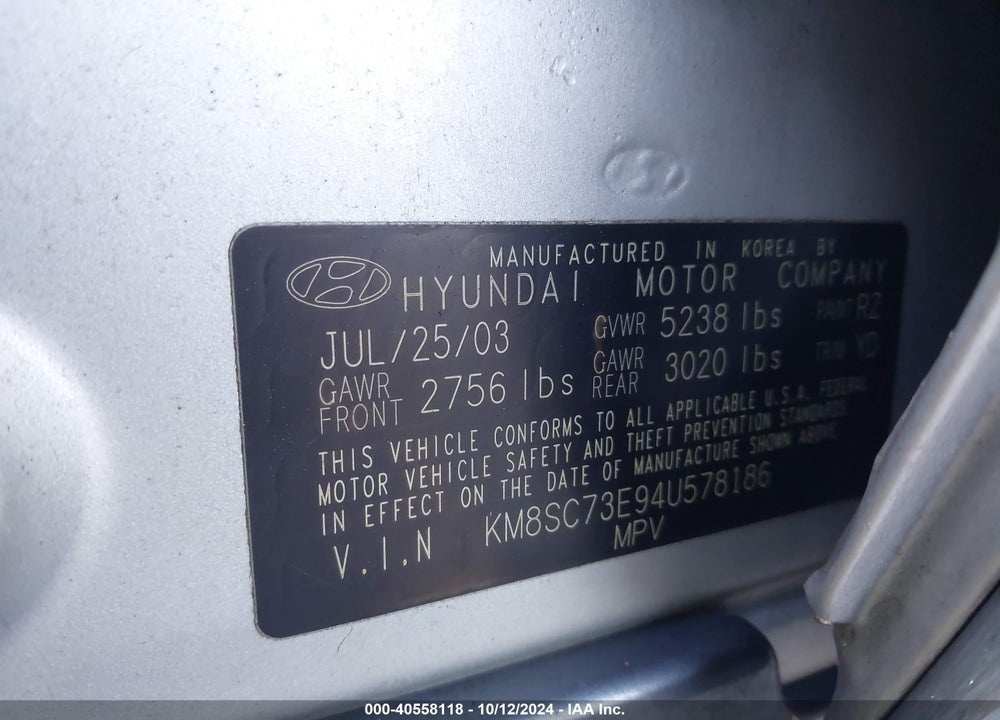 2004 HYUNDAI SANTA FE GLS/LX VIN: KM8SC73E94U578186
