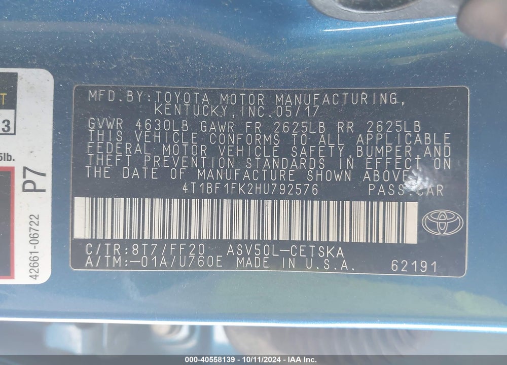 2017 TOYOTA CAMRY SE VIN: 4T1BF1FK2HU792576