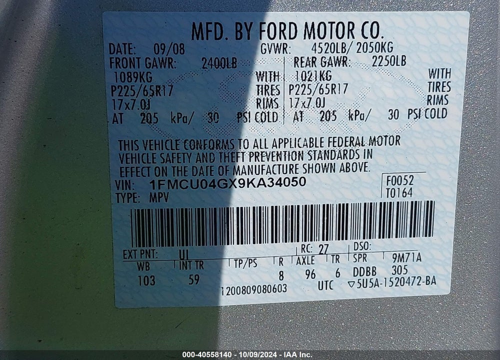2009 FORD ESCAPE LIMITED VIN: 1FMCU04GX9KA34050