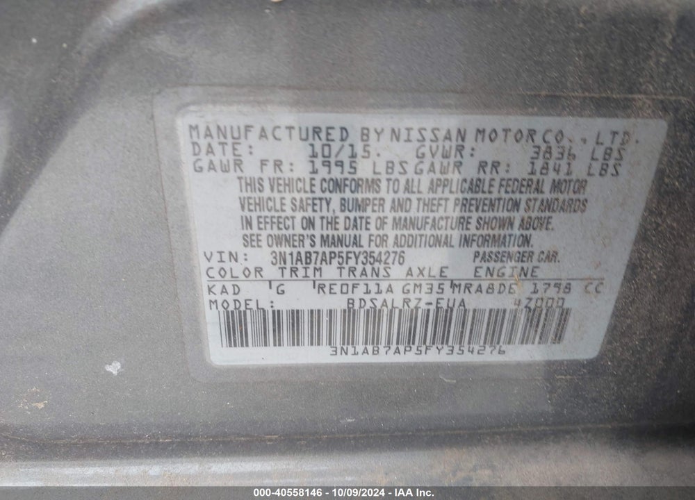 2015 NISSAN SENTRA SR VIN: 3N1AB7AP5FY354276