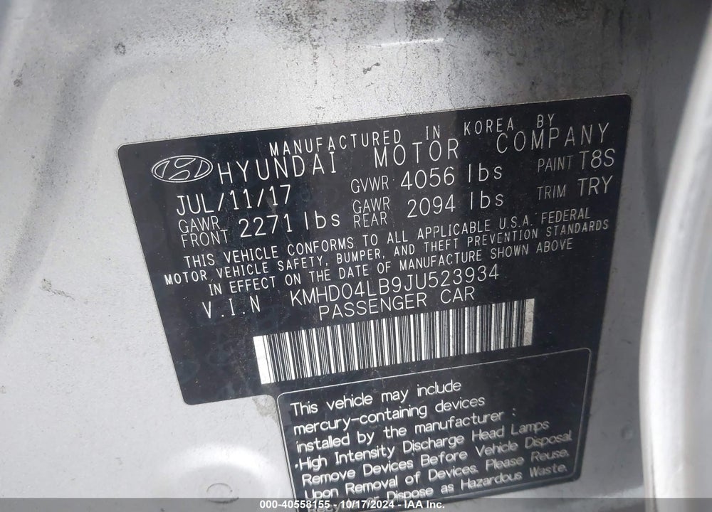 2018 HYUNDAI ELANTRA SPORT VIN: KMHD04LB9JU523934