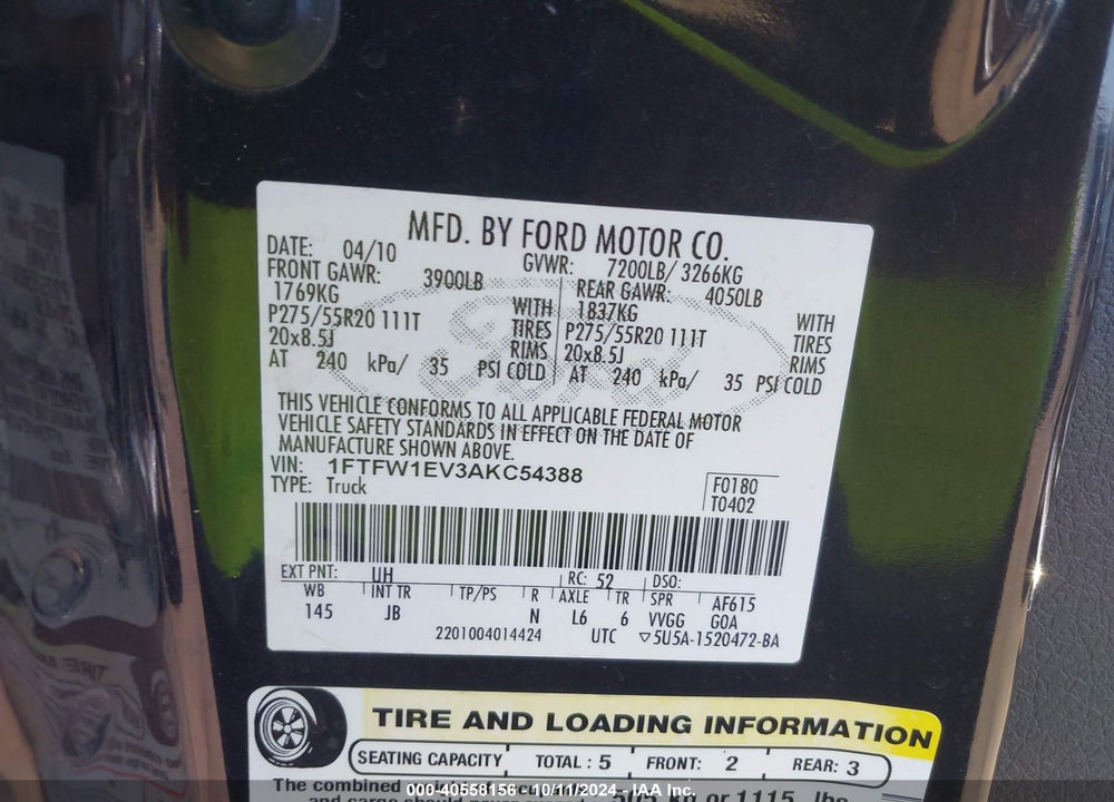 2010 FORD F-150 FX4 VIN: 1FTFW1EV3AKC54388