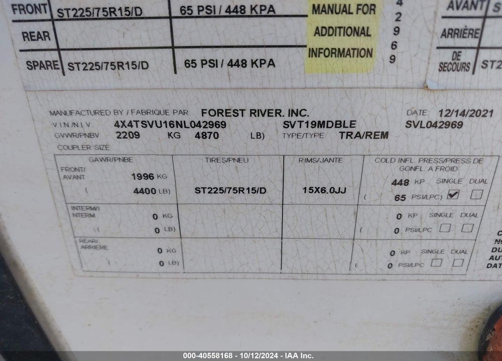 2022 SURVEYOR TRAVEL TRLR VIN: 4X4TSVU16NL042969