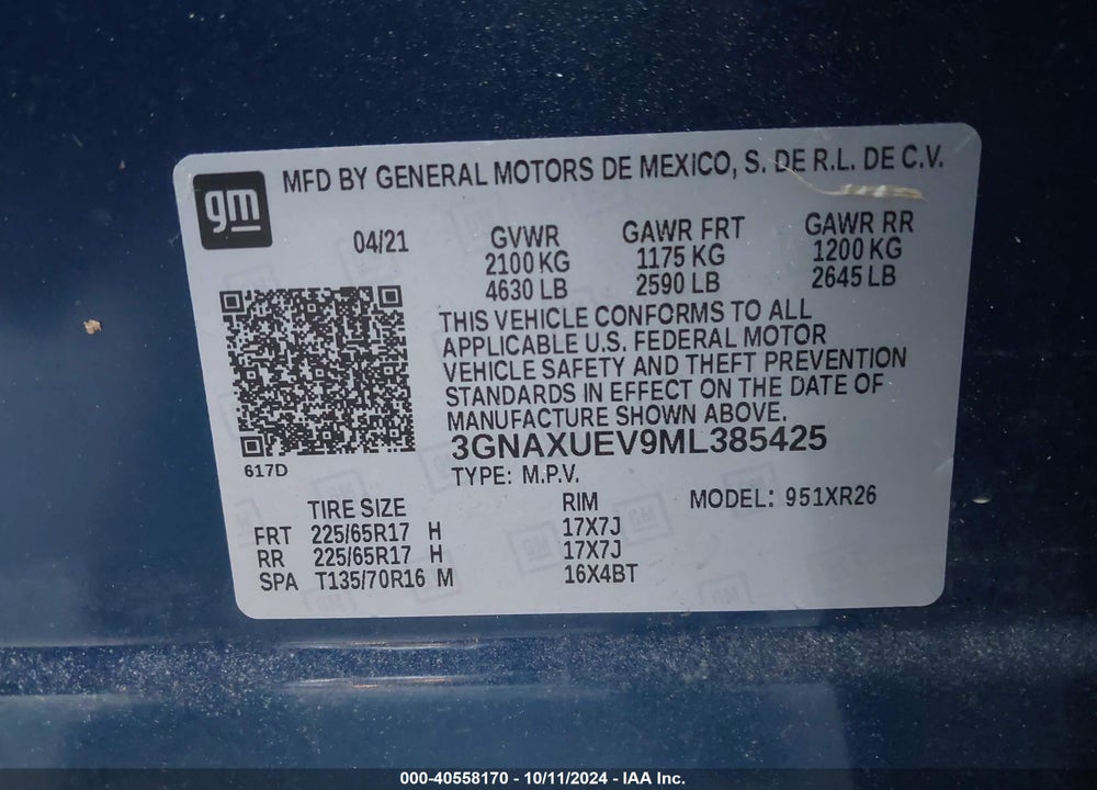 2021 CHEVROLET EQUINOX AWD LT VIN: 3GNAXUEV9ML385425