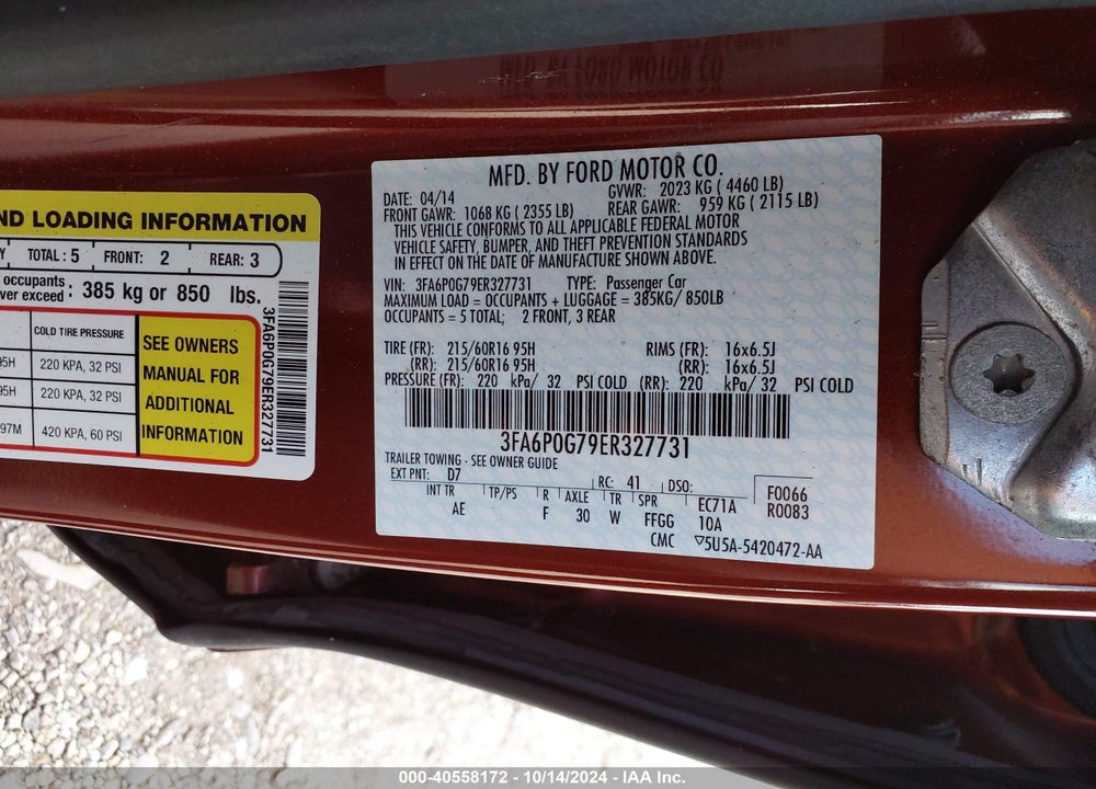 2014 FORD FUSION S VIN: 3FA6P0G79ER327731