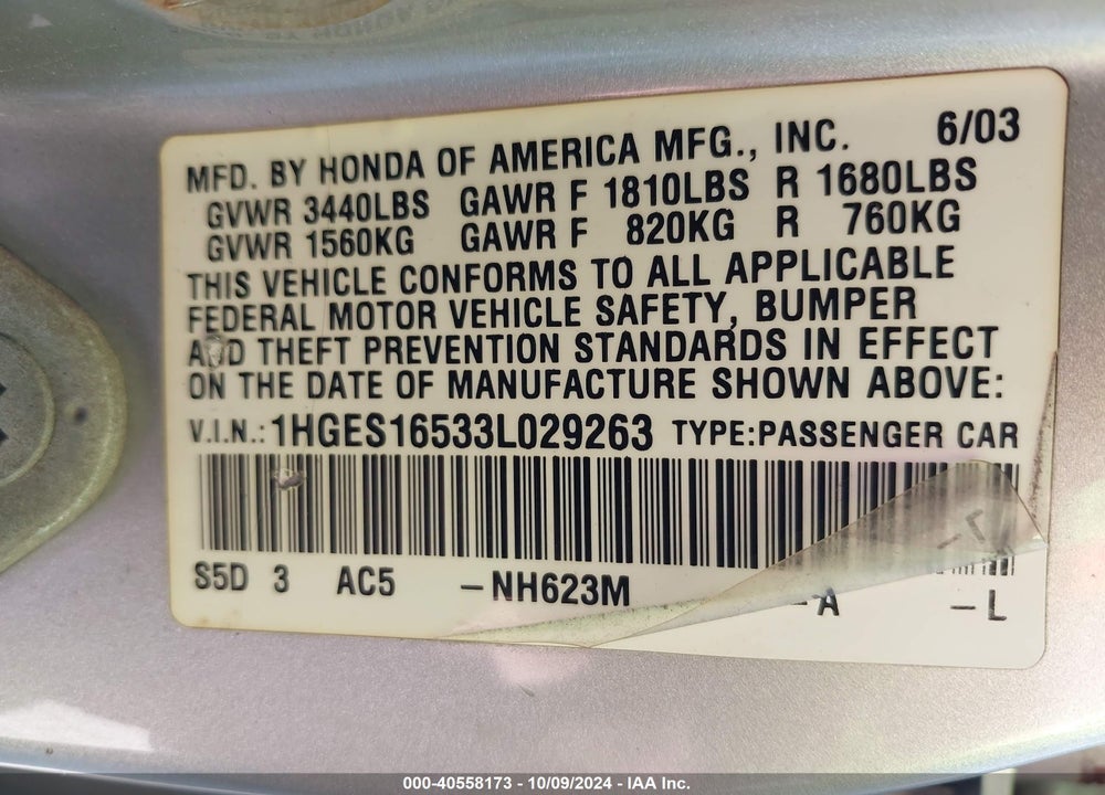 2003 HONDA CIVIC LX VIN: 1HGES16533L029263
