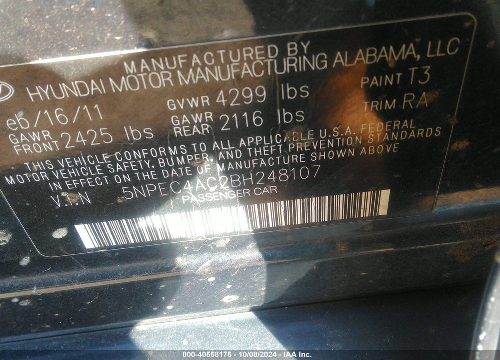 2011 HYUNDAI SONATA LIMITED VIN: 5NPEC4AC2BH248107