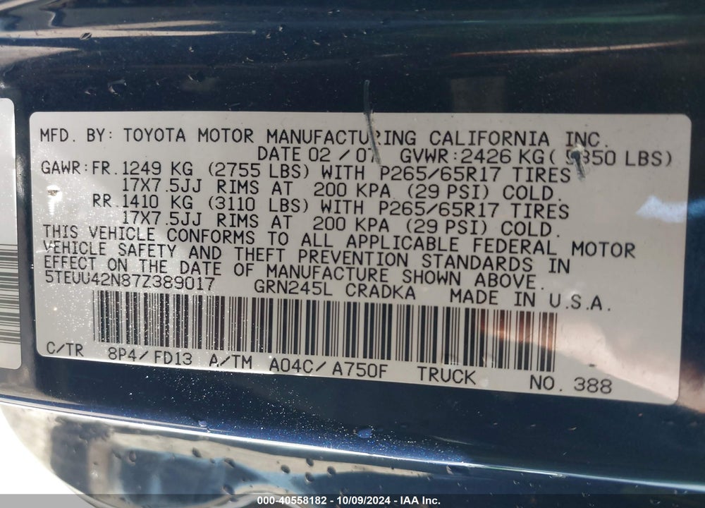 2007 TOYOTA TACOMA BASE V6 VIN: 5TEUU42N87Z389017