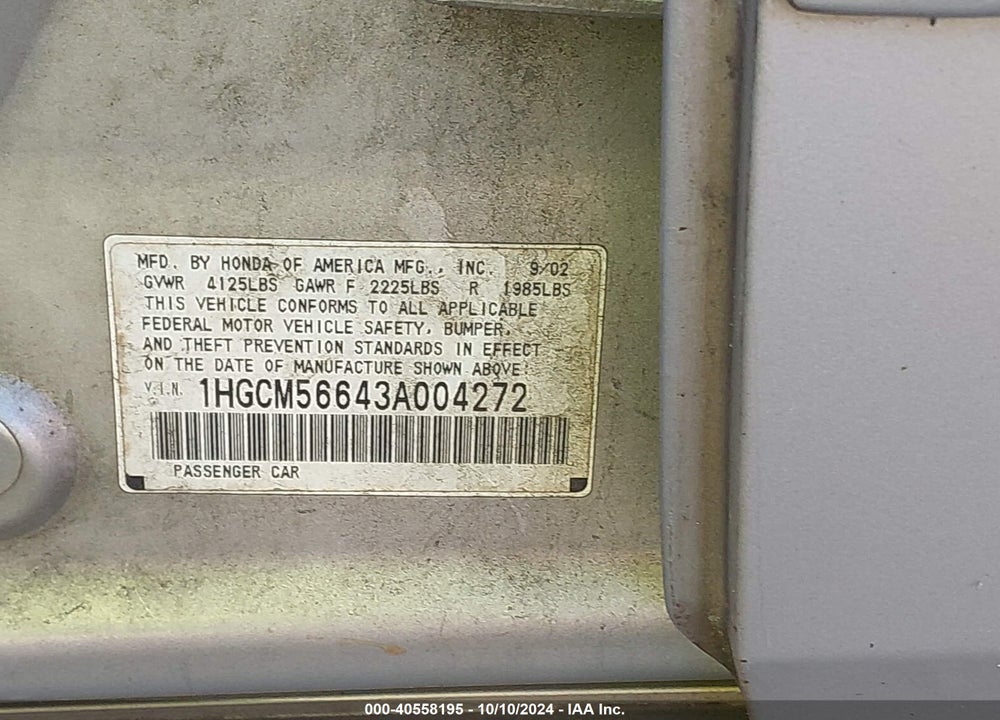 2003 HONDA ACCORD 2.4 EX VIN: 1HGCM56643A004272
