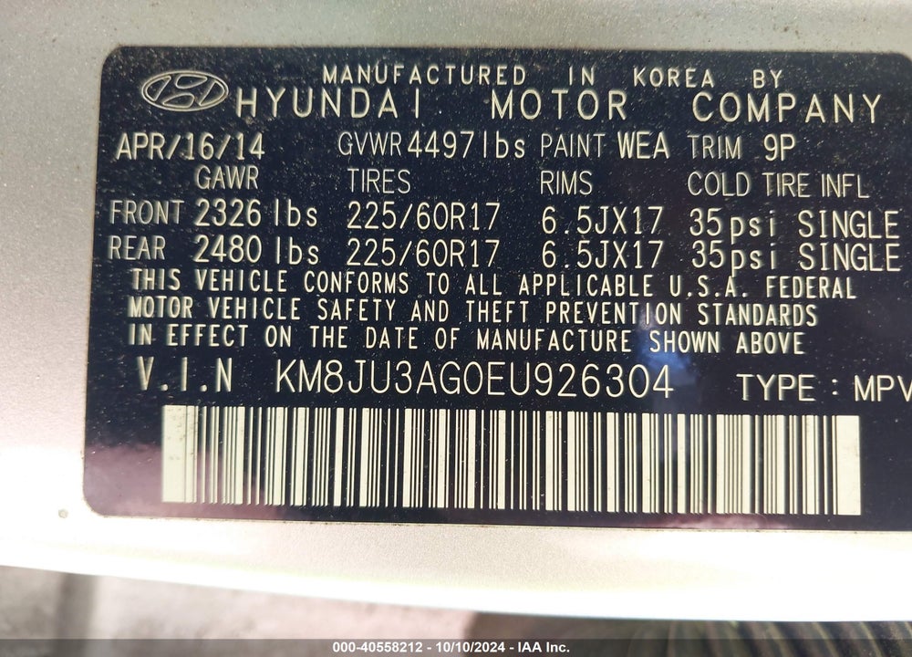 2014 HYUNDAI TUCSON SE VIN: KM8JU3AG0EU926304