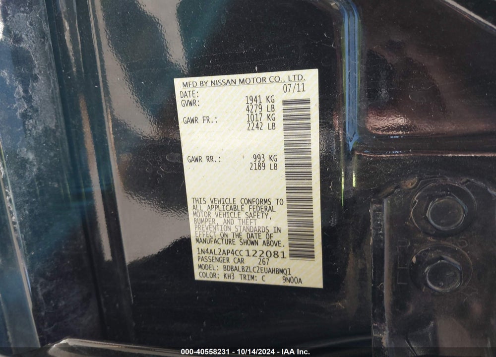 2012 NISSAN ALTIMA 2.5 S VIN: 1N4AL2AP4CC122081