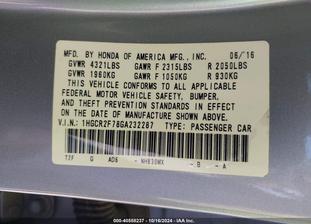 2016 HONDA ACCORD EX VIN: 1HGCR2F78GA232287