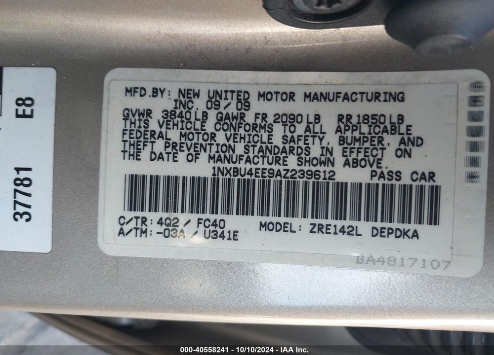 2010 TOYOTA COROLLA LE VIN: 1NXBU4EE9AZ239612